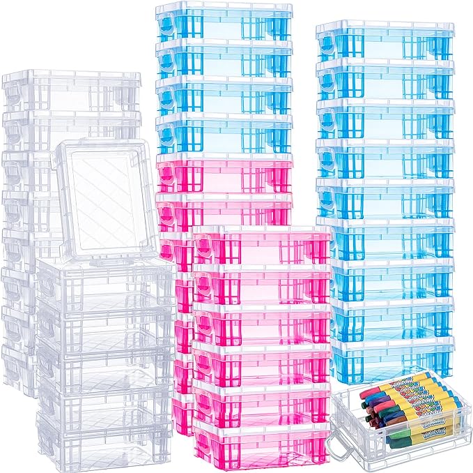 Suzile 40 Pcs Plastic Crayon Boxes Holds 24 Crayon with Snap Lid Storage Container Clear Stackable Case for School Office Classroom Supplies Pen Pencil Craft(Clear, Red, Blue) by Suzile
