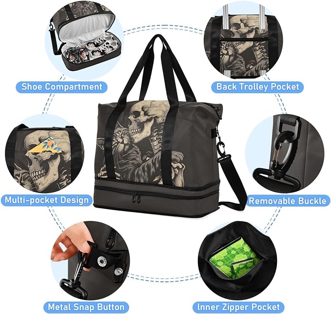Travel Duffel Tote Bag Cat Snuggled Human Skeletal Skull Sports Duffel Bag with Wet Pocket Weekender Overnight Bag for Women Men Gym Bag, Carry On Bag Hospital Bag for Labor and Delivery - Image 2