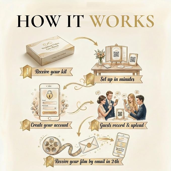 Video Guest Book for Wedding with QR Code - Wedding Guest Book Alternative, Guests Record Video Messages on Their Phones, No App - Edited Film in 24 Hours - Kit with Banner, Signs, Flyer, Badges - Image 6