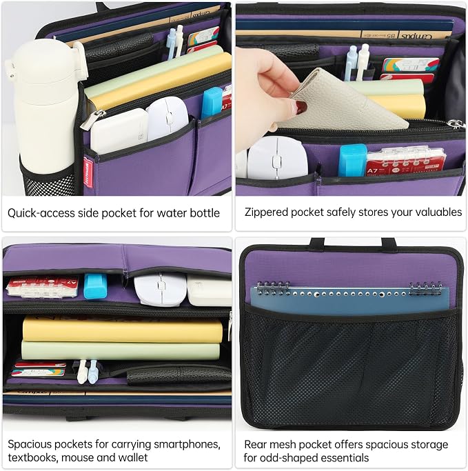 Small Rugged Organizer Insert for Briefcase Tote Shoulder Messenger Bag-19 Pockets,Padded Water-repellent Nylon-Purple - Image 3
