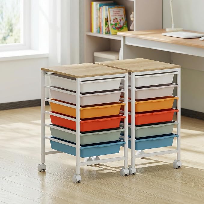 Rolling Storage Cart with 6 Drawers, Plastic Craft Organizer on Wheels with Wooden Top, Mobile Art Supply Utility Cart for Classroom, Home, Office - Image 8