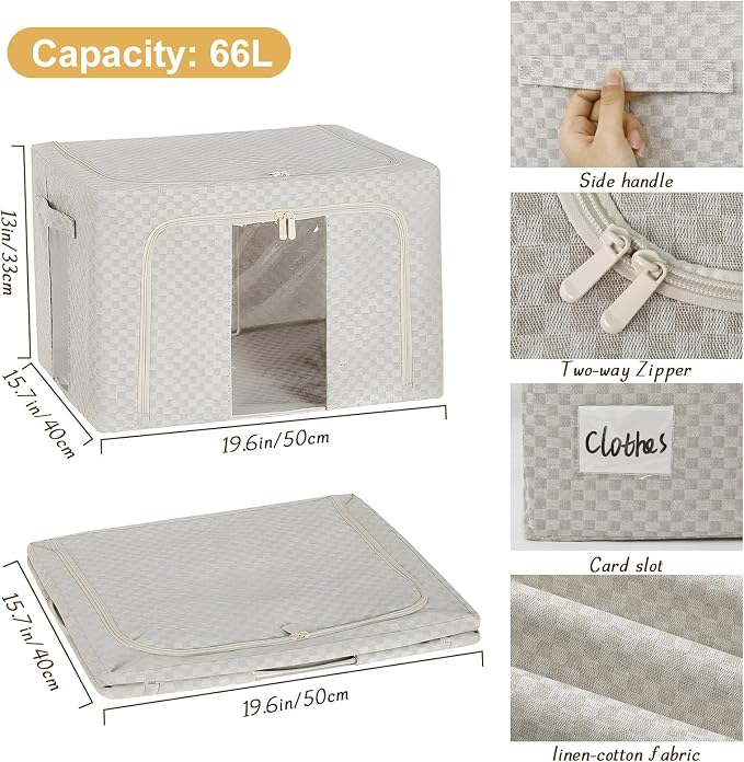 3 Pack Clothes Storage Bins with Metal Frame,Foldable Storage Bin with Lid for Clothes,Stackable Cotton Linen Fabric Organizer Set with Carrying Handles and Clear Window(Grey Checkered, 66L) - Image 4