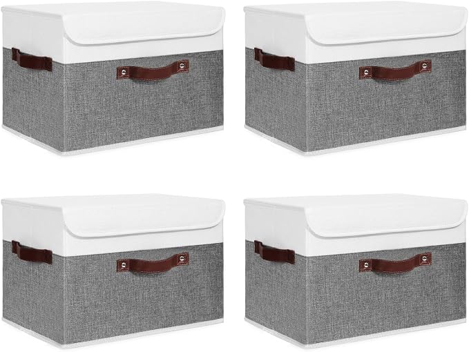 ANMINY Fabric Storage Box Bins with Lids, Gray White, 15"x10"x10", 4 Pack | Keepsake Memory Storage, Cotton Linen, PP Board Reinforced, Washable, PU Handles, Foldable & Stackable, Decorative, Large by ANMINY