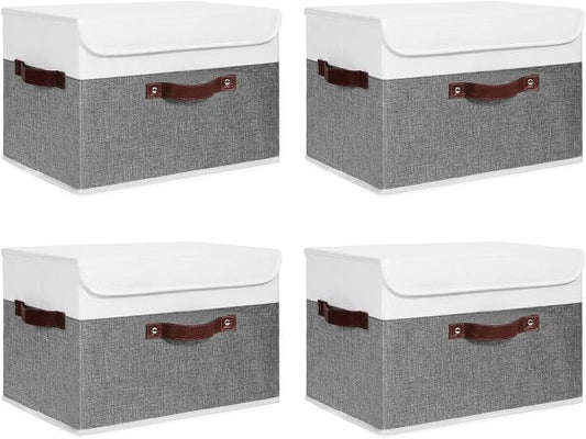 ANMINY Fabric Storage Box Bins with Lids, Gray White, 15"x10"x10", 4 Pack | Keepsake Memory Storage, Cotton Linen, PP Board Reinforced, Washable, PU Handles, Foldable & Stackable, Decorative, Large by ANMINY