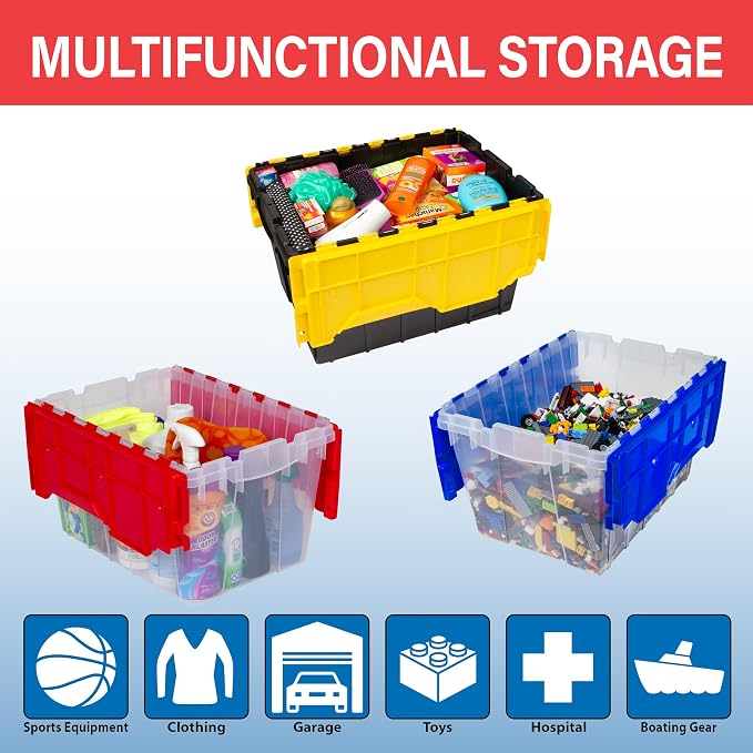 Akro-Mils KeepBox 12 Gallon Storage Container, Nesting and Stackable Plastic Storage Box with Lid Attached, Clear Tote for Garages, Closets, and Moving, 21-1/2" x 15" x 12-1/2", Clear/Red, 6-Pack - Image 4