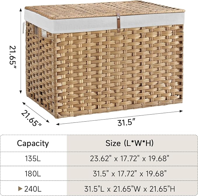 240L Wicker Storage Basket with Lid, Handwoven Rattan Large Shelf Basket with Removable Liner, 47.6 Gallon Wicker Basket for Blanket, Storage Trunk with Handle for Closet, Bedroom, Livingroom, Natural - Image 4
