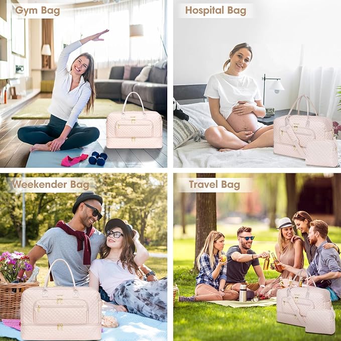 Large Travel Duffle Bags for Women: Weekender Bag with Shoe Compartment | Carry On Bag with Wet Toiletry Pocket & Wet Pocket for Overnight, Weekend, Hospital, Yoga, Business Trips, Sport, Gym, Beige - Image 6
