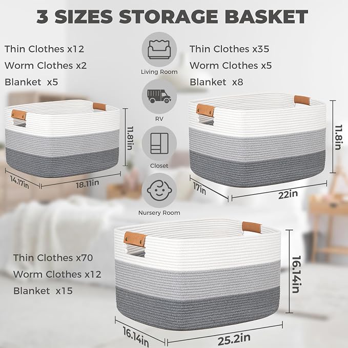 Large Woven Basket 25’’*16’’*16’’ 108L Woven Baskets for storage Baby Laundry Hamper, Cotton Rope Boho Decorative Storage Bin for Living Room, Nursery, Clothes, Pillows Gradient Grey - Image 6