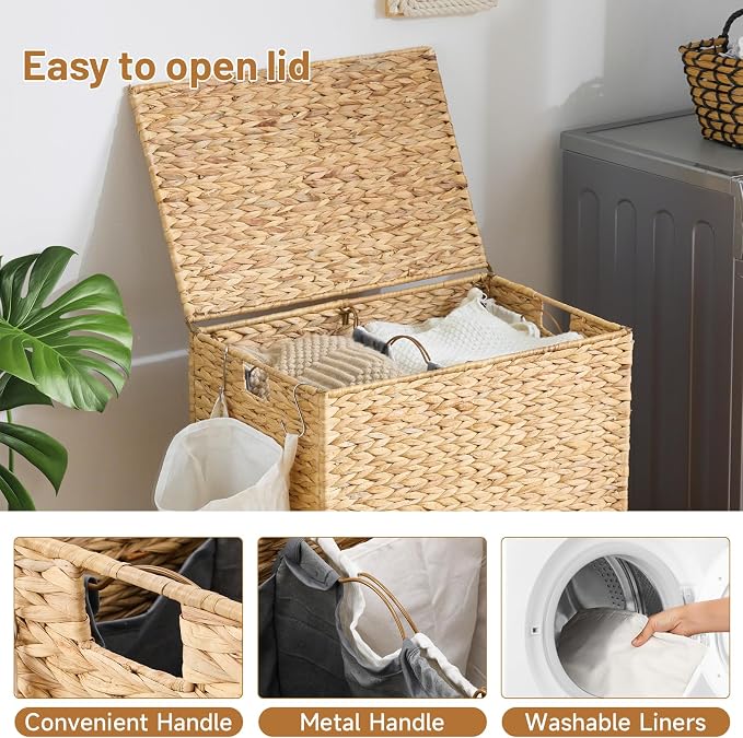 Laundry Hamper with Wheels, 40.92 Gallon(155L) Water Hyacinth Laundry Basket with Lid, 2-Section Wicker Clothes Hamper with 2 Removable Liners, Laundry Sorter with Side Pocket, Natural - Image 7