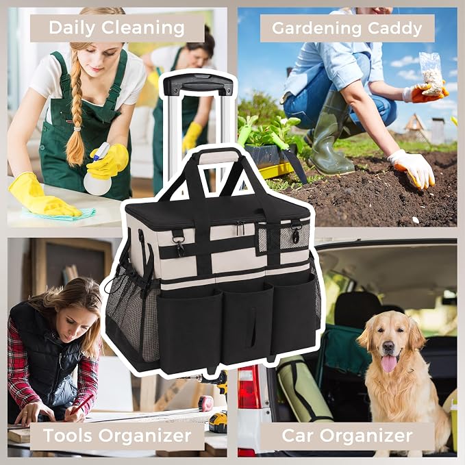 SCAVATA Rolling Cleaning Caddy Bag with Detachable Trolley, Large Cleaning Supplies Organizer with Wheels, Multi-Pocket Cleaning Cart with Adjustable Shoulder Strap for Housekeepers (CreamWhite) - Image 7