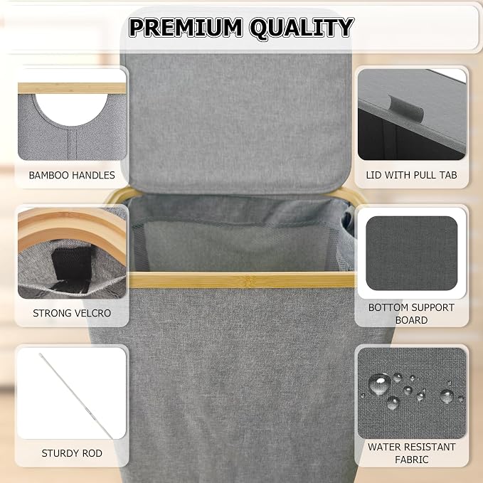 Laundry Basket with lid, Collapsible Laundry Hamper with Bamboo Handle, Dirty Clothes Hampers with Removable Laundry Bag for Clothes Toys Towels (Grey, 100L 2 Pack) - Image 4