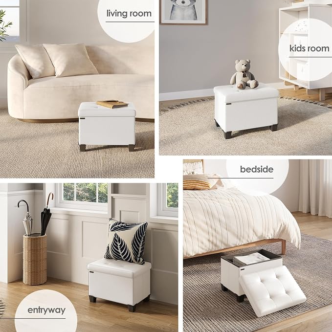 Storage Ottoman Cube with Small Bin, 16-in Square Ottoman with Storage for Living Room and Bedroom, Small Ottomans Foot Rest, Leather Foot Stools Ottomans Max 330lbs, Cream - Image 4