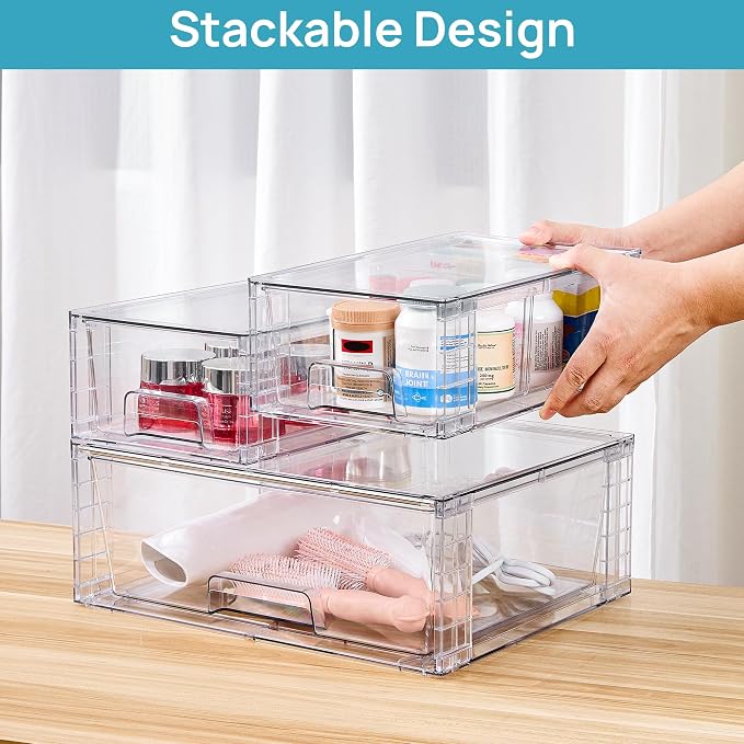 Vtopmart Clear Stackable Storage Drawers, 5 Pack Wide Storage Set | Wide and Small Pull-Out PET Drawers Designed for Large and Small Item Sorting, Cabinets, Closets, Pantry - Image 4