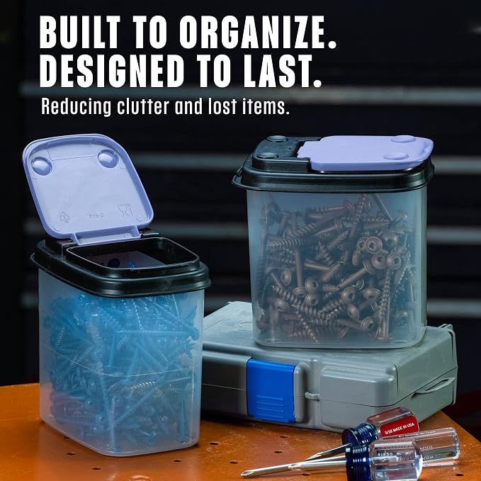 Buddeez Stackable Hardware Storage Bins, 1 Quart, 12-Pack, Blue Lids | Clear bins for easy visibility, Stackable lids, Organizes nuts, bolts, screws and small parts, Workshop or garage storage - Image 7