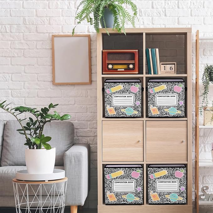 CroBlissful 6 Pcs 11" Composition Notebook Fabric Classroom Storage Cube Bins Foldable Pastel Book Cubby Bins Storage Baskets with Handles for Back to School Decoration Office Home Nursery Organizer - Image 5