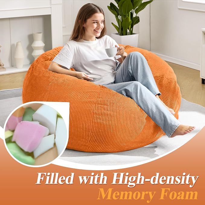 4FT Bean Bag Chair for Adults,Large Teardrop Beanbag with Filler | Beanbag Chair with Memory Foam Filled,Bean Bags with Handy Handle&Machine Washable Cover for Living Room,Bedroom-Orange - Image 4