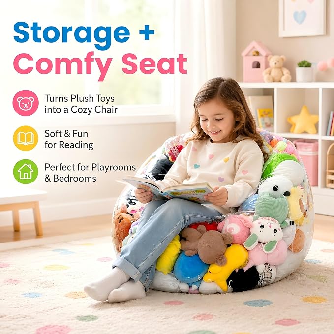 Clear Stuffed Animal Storage Bean Bag Chair Cover for Kids with Zipper | Transparent Waterparoof Wipe Clean Thicker PVC, Holds 100+ Stuffed Animals, Double Zipper for Plush Toys Storage & Organizing - Image 3