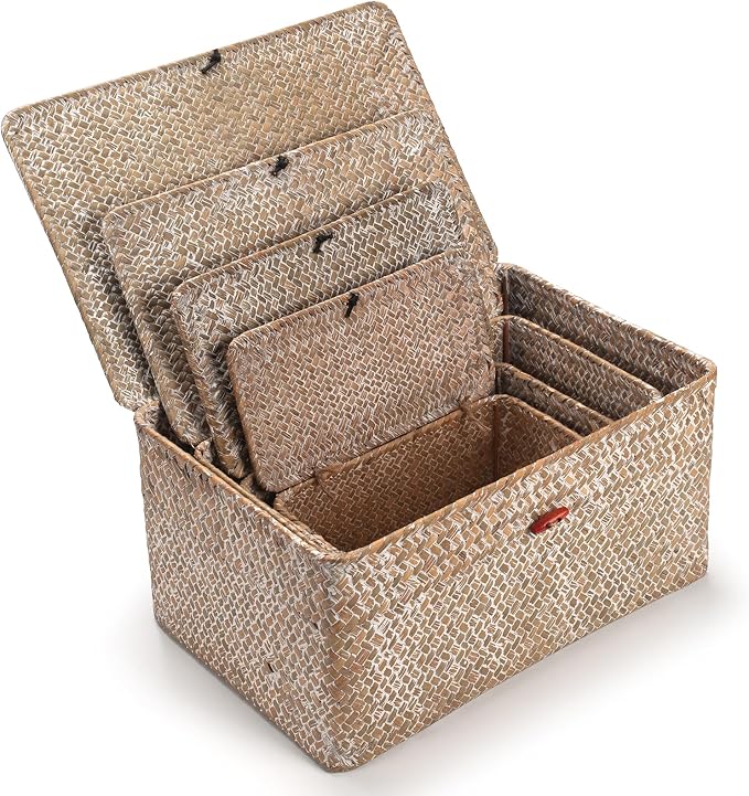 4 Pack, Wicker Baskets with Lids, Natural Seagrass Storage Baskets, Woven Rectangular Basket Bins, Rattan Storage Organizer for Shelf (Whitewashed, Set of 4) - Image 8