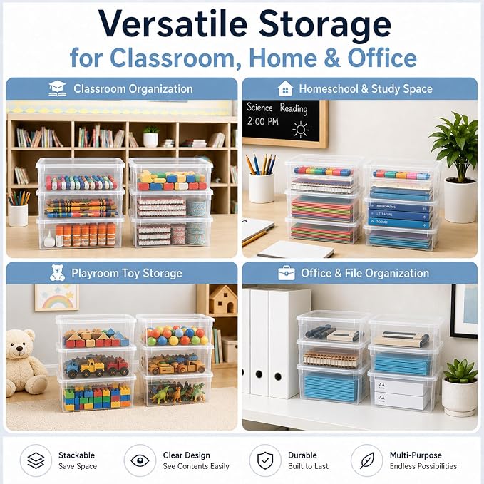 6 Pack Plastic Book Bins For Classroom Stackable Classroom Organizer with Handle Cubby Bins for School Library Office Home Nursery Playroom Organization(Clear) - Image 6
