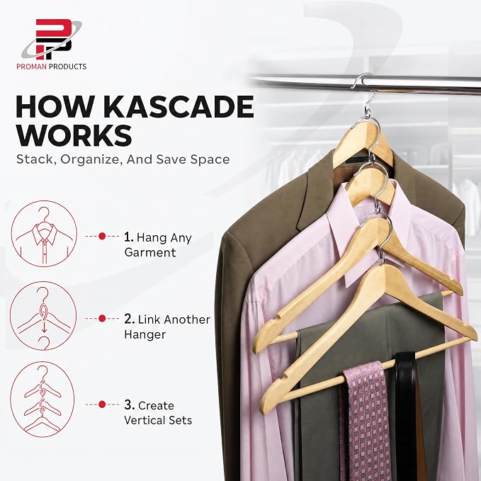 Proman Products Kascade Space Saving Wooden Hangers Clothes Hangers 50 Pack | Hangers with pants bar & shoulder notches feature a cascading design that saves closet space and keeps clothes organized. - Image 4