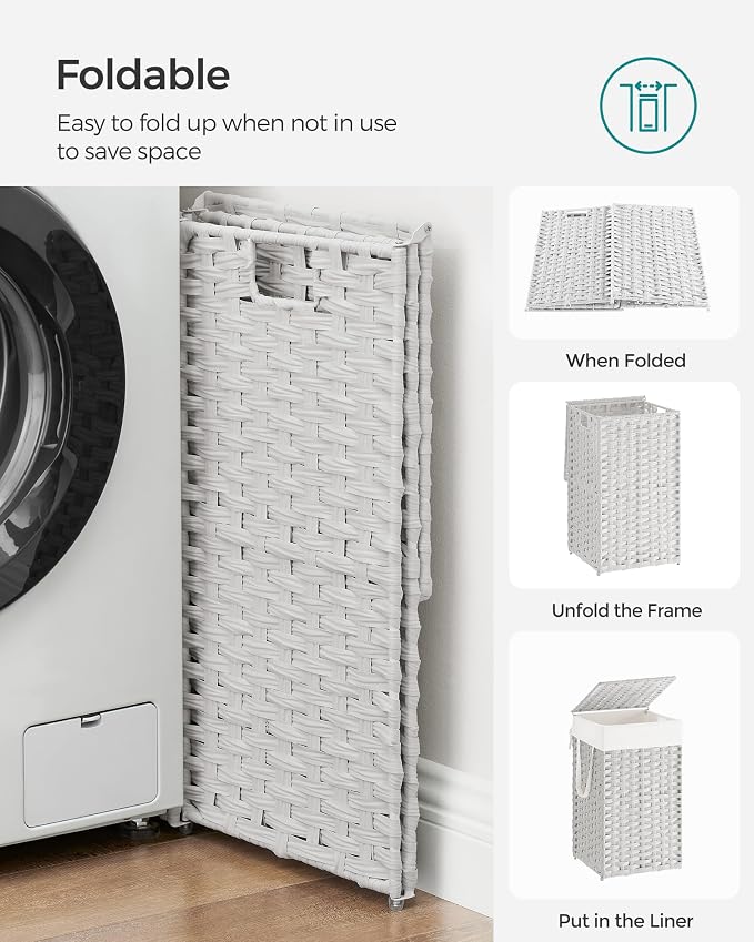 SONGMICS Laundry Hamper with Lid, 17.2 Gallon (65 L) Synthetic Rattan Clothes Laundry Basket with Lid and Handles, Foldable, Removable Liner, Cloud White ULCB165W01 | Clothes Laundry Basket with Handles, Removable Liner, Cloud White, ELIOTT Collection ... - Image 8