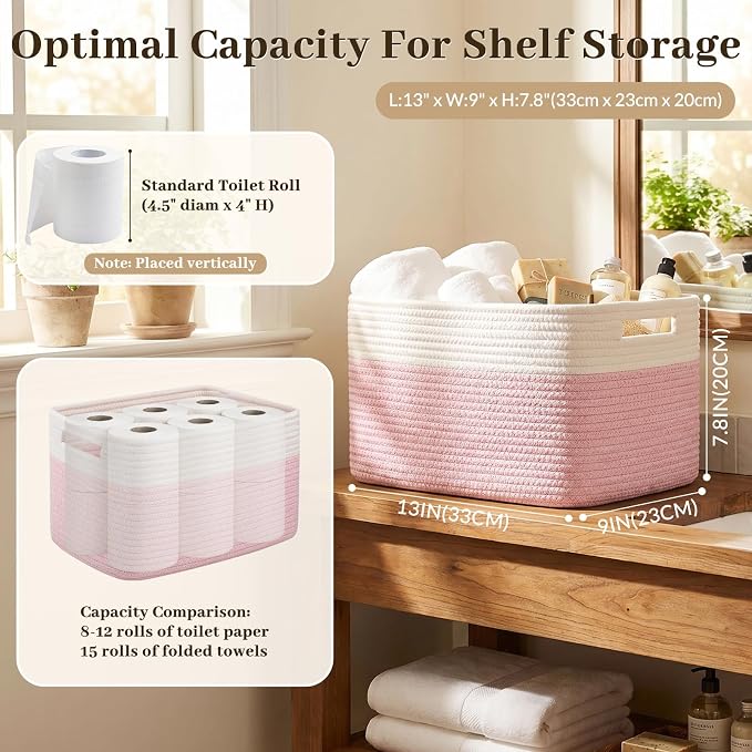 OIAHOMY 4 Pack Storage Basket, 13"x9"x7.8" Cotton Rope Baskets for Shelves, Closet Organizer for Bedroom & Living Room, Soft Decorative Bins for Organizing Towels, Books & Toys, Pink & White - Image 2