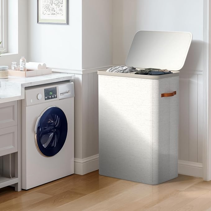 Sorbus Laundry Hamper with Lid - Collapsible 2-Compartment Fabric Laundry Basket with Handles and Removable Laundry Bag – 45 Gallon (170 L) Dirty Clothes Hamper for Bedroom, bathroom and dorm (Beige) - Image 3