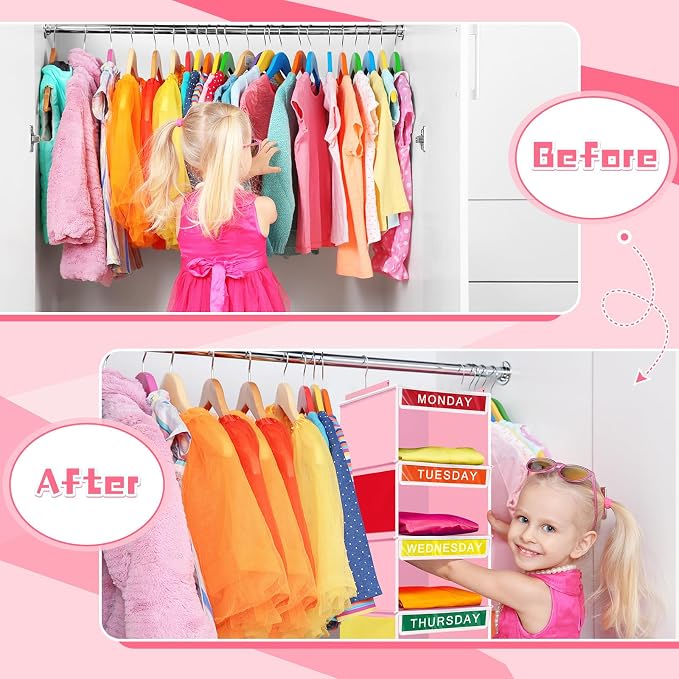 2 Pcs 7 Shelf Weekly Clothes Organizer for Kids Hanging Closet Organizer 11. 8 x 11. 8 x 50 Inches Daily Activity Kids Clothes Storage Drawers Cube Drawers Closet Hanging Shelves(Pink) - Image 5