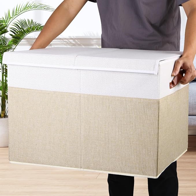 Large Toy Storage Box with Lid, Toy Chest Bin Boxes Basket with Dividers | Sturdy Toy Organizer Bin for Kids, Boys, Girls, Nursery, Living Room, Bedroom, Playroom 26"x17" x17"(Beige and White) - Image 6
