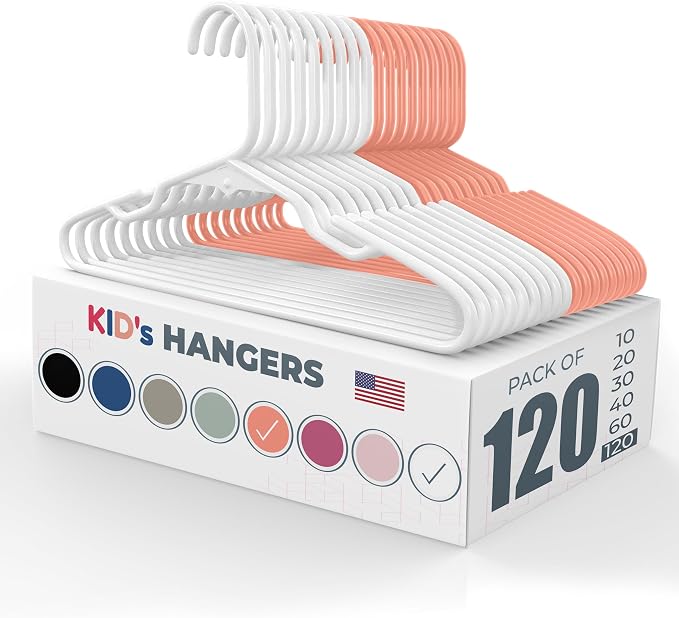 Plastic 12” Kids Hangers 100+ Pack (120 Count) – Made in the USA – 5lb Capacity Baby & Toddler Clothes Hangers with Notches & Reinforced Edges – Fits Children’s Sizes Up to 8 – White & Peach by NeatiesHangers