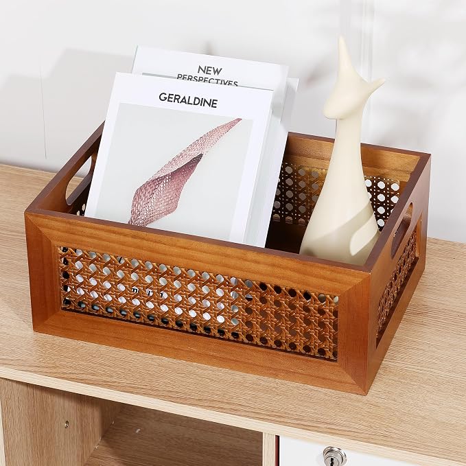 Rattan Wooden Box 14x10x6in Handmade Decorative Storage Basket with Handles | Natural Bamboo Woven Storage Basket Rustic Farmhouse Decor Home Office Tabletop Shelf Drawer Closet Desk Organizer, Brown - Image 7