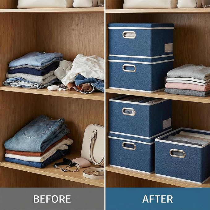 Storage Bins with Lids [3-Pack] Linen Fabric Foldable Storage Boxes Organizer Containers Baskets Cube with Cover for Bedroom Closet Office Royal Blue（11.4X8.6X6.7 - Image 6