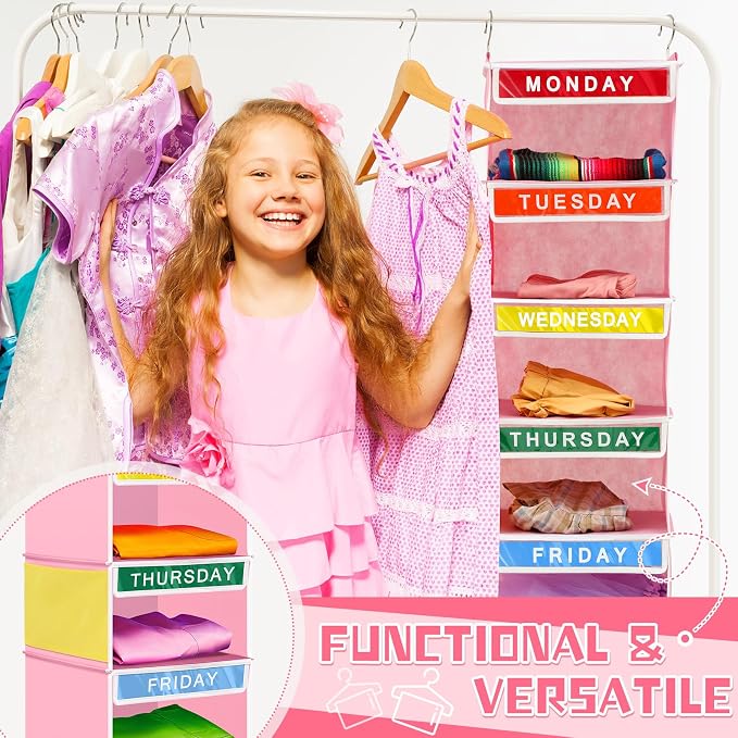 2 Pcs 7 Shelf Weekly Clothes Organizer for Kids Hanging Closet Organizer 11. 8 x 11. 8 x 50 Inches Daily Activity Kids Clothes Storage Drawers Cube Drawers Closet Hanging Shelves(Pink) - Image 4