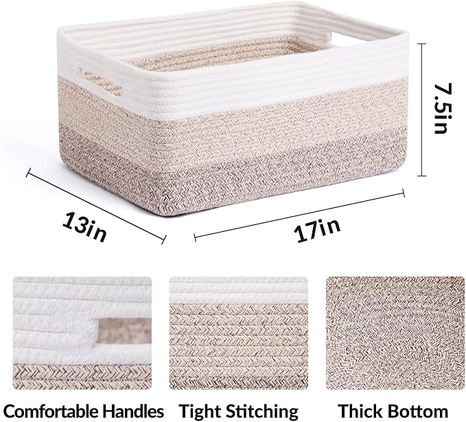 MiniArk Large Storage Baskets for Shelves, 17 x 13 x 7.5” Closet Organizers Bins for Clothes Blanket Towels, Baby Nursery, Toy Baskets Box, Woven Rope Baskets, 2 Packs Gradient Brown - Image 2