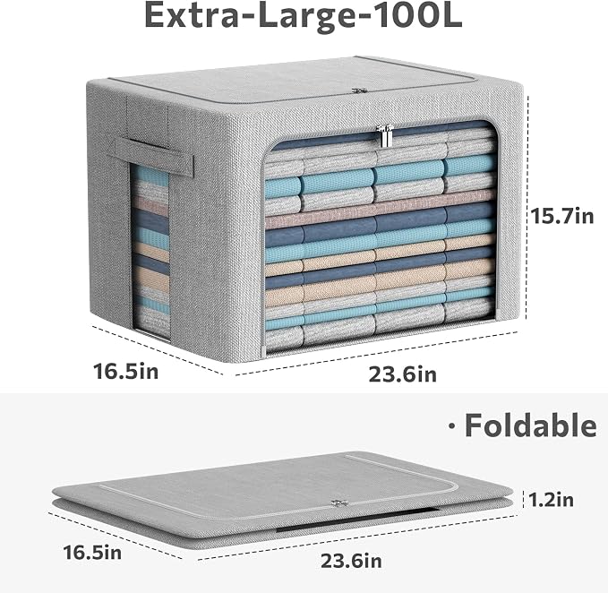 CYhom 2Pack Extra Large Clothes Storage Bins Box - Linen Fabric Foldable Stackable Container Organizer Set with Clear Window & Carry Handles & Metal Frame (Light Grey, Extra Large-100L) - Image 4