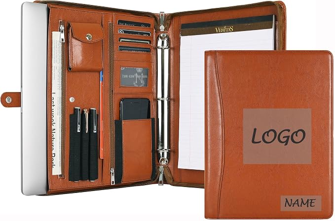 Brown Leather Padfolio for Women/Men, Business Leather Binder 3 Ring Portfolio, Personalized Leather Portfolio Binder, Zippered Portfolio Organizer for A4 Notepad & 13-inch Laptop/Tablet by YLYYHH