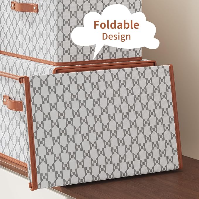 Tuza 4 Pack Fabric Storage Bins with Lids, Collapsible Closet Organizer Container, Decorative Storage Boxes with Lids for Organizing Clothes, Blanket, Grey & White, Large - Image 5