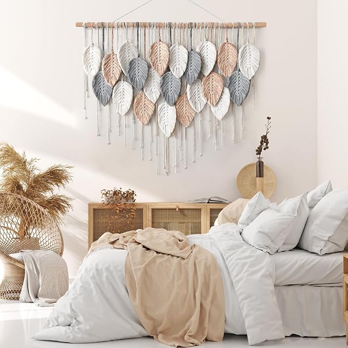 Alynsehom Large Macrame Wall Hanging, Boho Woven Tapestry, Chic Modern Bohemian Handmade Leaf Feather Wall Art Home Decor for Apartment Dorm Living Room Bedroom Nursery Backdrop (39" W X 29.5" L) - Image 7