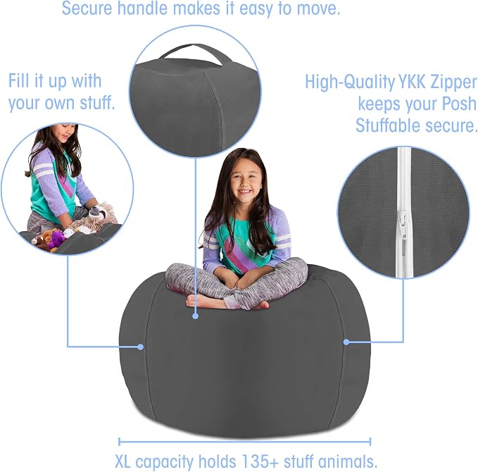 Posh Stuffable Kids Stuffed Animal Storage Bean Bag Chair Cover - Childrens Toy Organizer, X-Large 48" - Heather Gray - Image 2