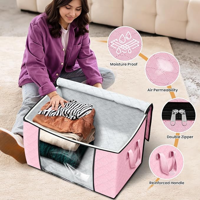 90L Clothes Storage, Foldable Thick Fabric Blanket Storage Bags | Foldable Containers with Zippers,Window and Handles for Organizing Bedroom, Closet, Comforter, Bedding,Dorm essentials - Image 4
