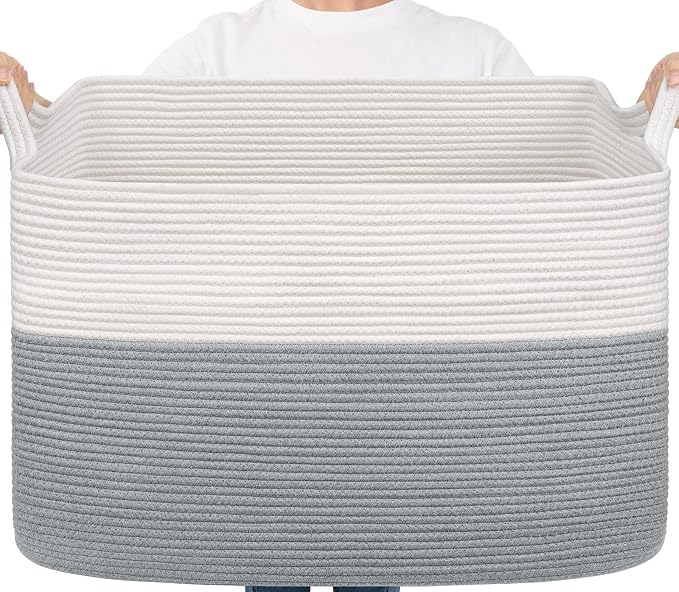 Goodpick 105L Extra Large Woven Blanket Basket Cotton Rope Storage Baskets for Organizing, Rectangle Baby Laundry Basket for Living Room Home Decor, 25"x16"x16", White & Gray by Goodpick