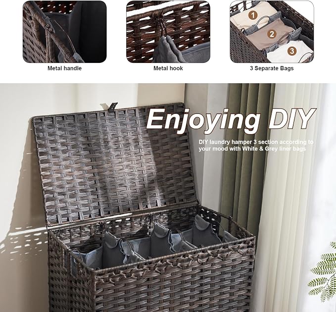 Laundry Hamper with Lid, 190L Large Laundry Basket 3 Section with 6 Removable Liner Bags & 3 Mesh Laundry Bags, Handwoven Rattan Clothes Hamper with Heightened Feet, No Install Needed, Brown - Image 5