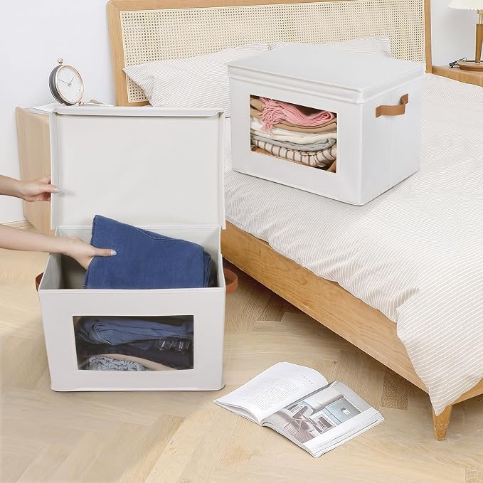 Univivi Fabric Storage Bins with Lids for Clothes 3 Pack, Beige | 17 x 12 x 12 In Foldable Storage Boxes with Handles, Clear Window, Closet Organizers for Home, Bedroom - Image 4