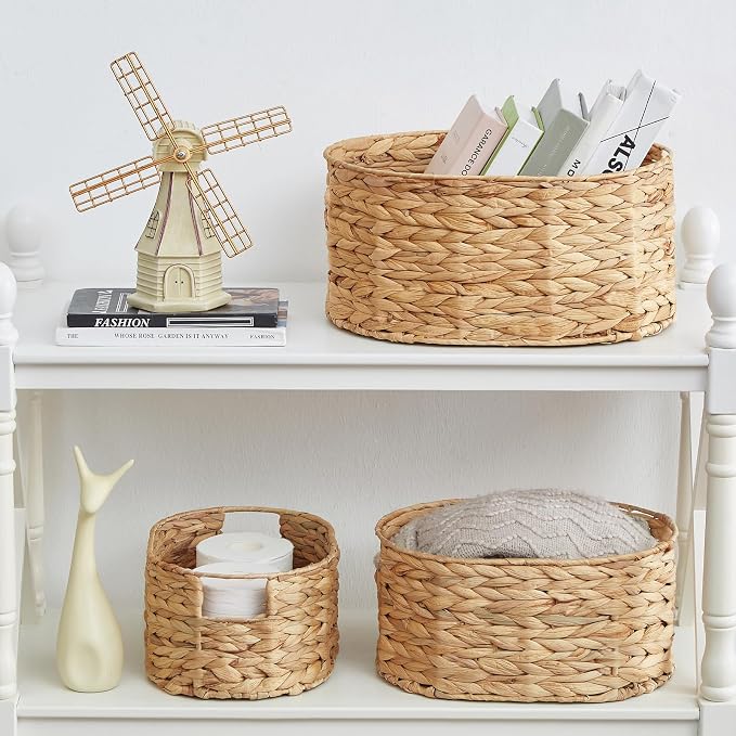 Wicker Basket, 3-Pack Hand-Woven Water Hyacinth Wicker Storage Basket with Handles, Large Woven Storage Baskets for Shelves, Round Storage Baskets for Organizing & Decor - Image 7