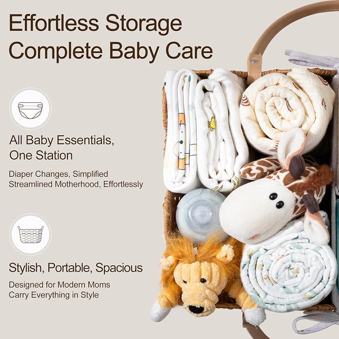 HBlife Baby Diaper Caddy Organizer, Large Portable Scalloped Plastic Wicker Woven Basket with Divider, Nursery Diaper Station, Baby Shower Gifts Basket, Car Organizer, Washable Waterproof - Image 4