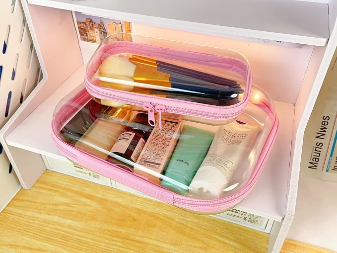 3PCS Clear Hard Shell Zipper Case 13.8 * 11.8 * 2 IN (Pink) | Transparent shell for easy item access. Works as cosmetic bag, toy pouch, diaper organizer and pencil case. - Image 4