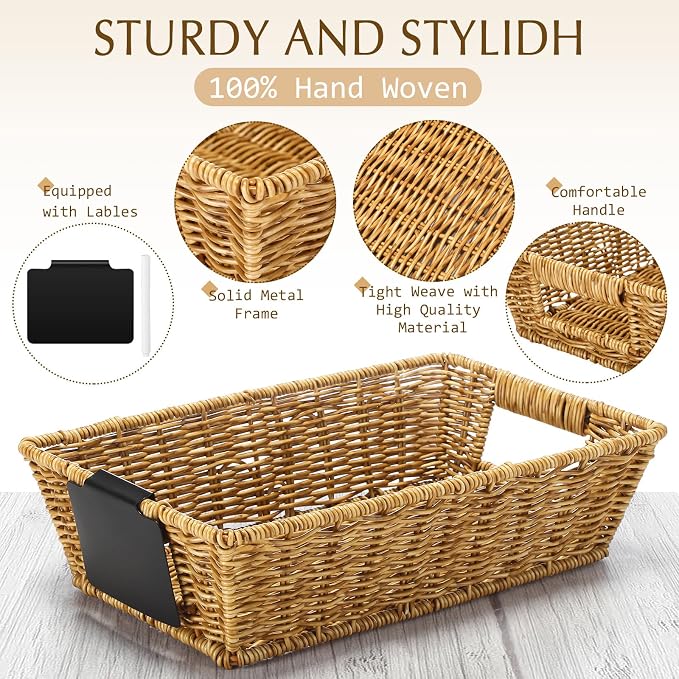 Marsui 9 Pcs Wicker Storage Baskets for Pantry Organization with Handle Labels Handwoven Multi-size Brown Small Organizer Baskets Storage Bins Container for Shelves Closet Toilet Christmas Holiday - Image 3