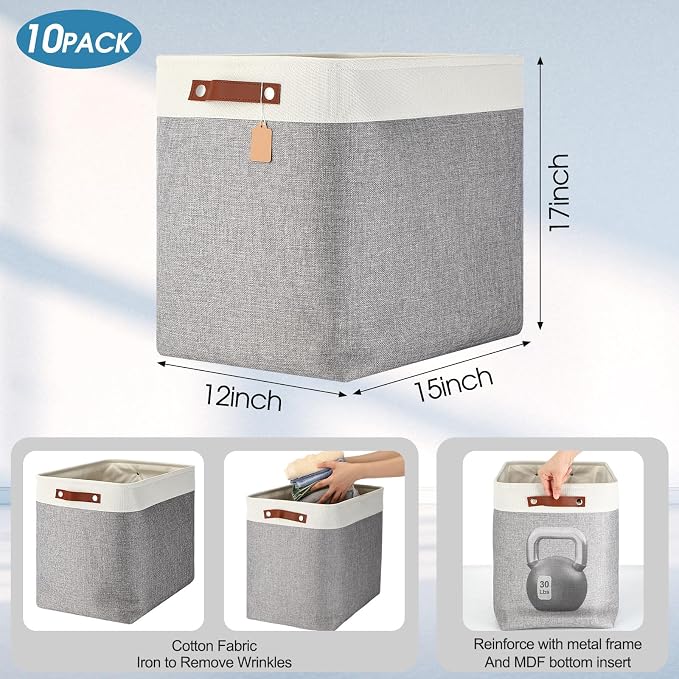 Uiifan 10 Pcs Collapsible Storage Bins Fabric Foldable Storage Basket with Handles Cloth Organizer Linen Shelf Baskets for Shelves Home Closet Nursery Toys(17 x 15 x 12 Inch,Gray and White) - Image 2