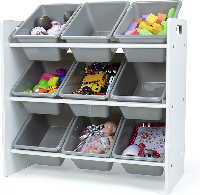 Humble Crew 9-Bin Toy Organizer – Explorer Natural White/Grey Plastic Bins, 3-Tier Storage Solution for Kids' Playrooms and Nurseries - Image 3