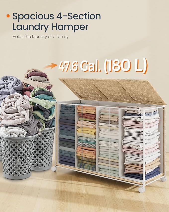 SONGMICS HOME Laundry Hamper with 4 Section, 180 L, Rattan, with Wheels | Rolling Clothes Basket with Lid, Removable Liner with Handles, Tan and White, PEZZO Collection ULCB603N01 - Image 5